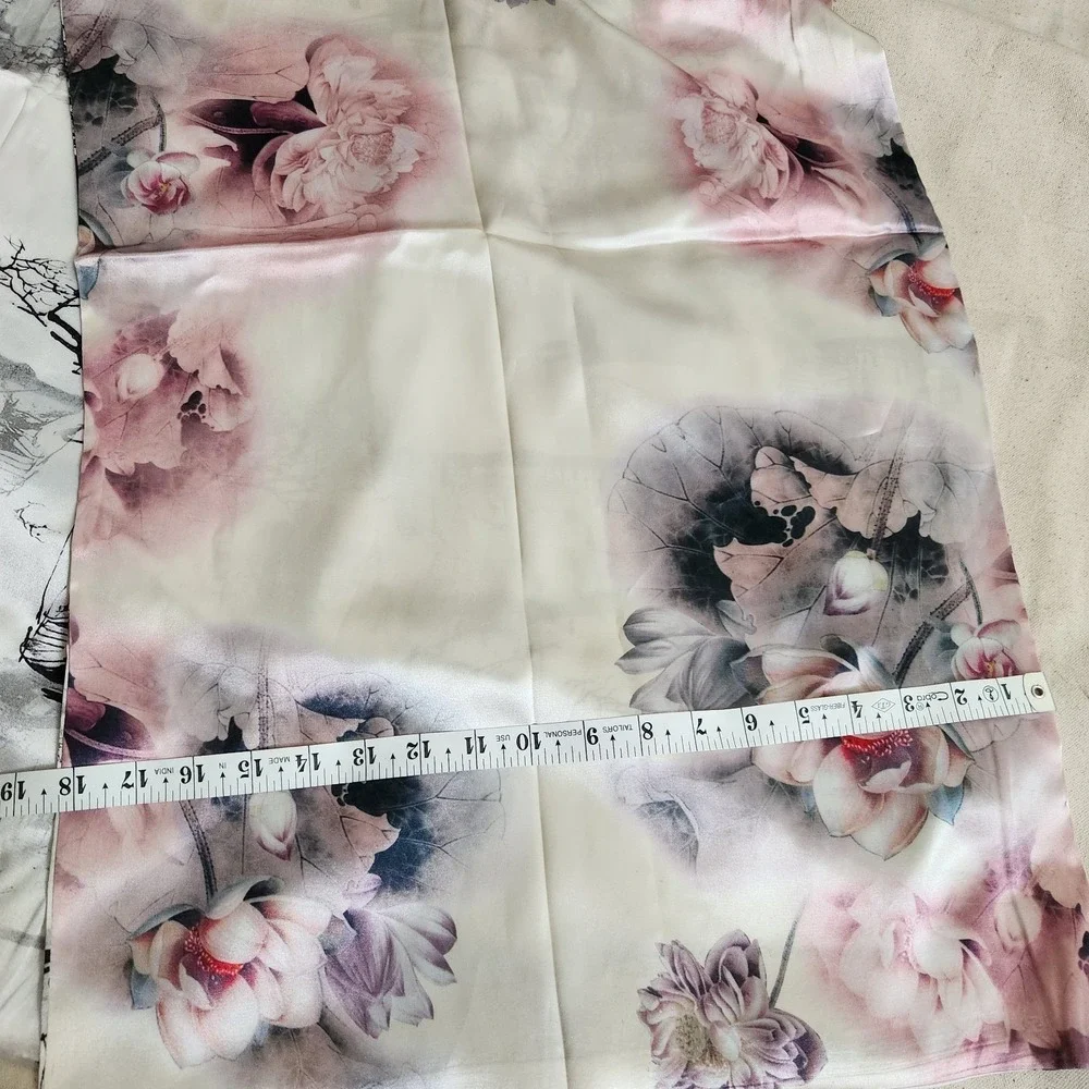 100% Silk Reversible Scarf Pink Floral Lotus Black White Village Landscape 66x18